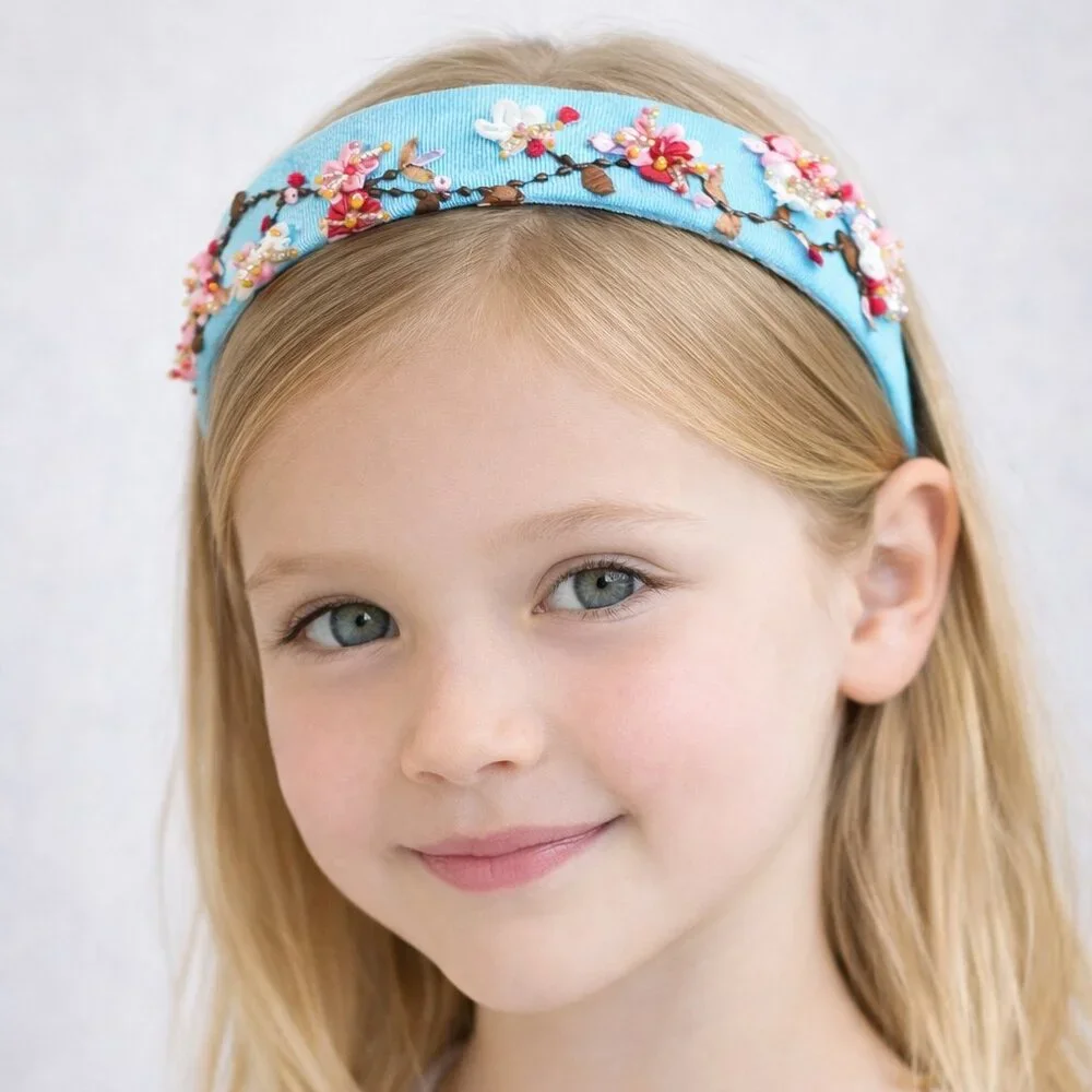 Cherry Blossoms Boutique Girls Headband Embroidered & Hand-beaded w/Silk Flowers